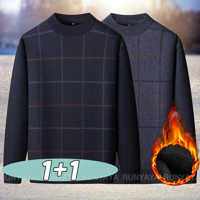 1+1 중년남성 긴팔티 빅사이즈 캐주얼 기모 티셔츠 라운드넥 보온 방한 긴팔티셔츠 상의 D99U