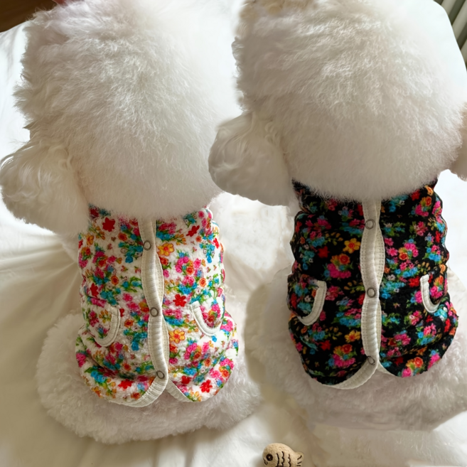 포리프 플로럴 패턴 강아지 부드러운 김장조끼 스냅버튼 간편 착용 봄 가을 겨울용 애견 고양이 의류, 1개, 블랙플로럴