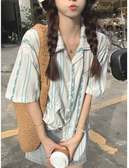 부엉구구 OW0082A 여성 여름 빅사이즈 루즈핏 꽃무늬 스트라이프 반팔 셔츠 남방