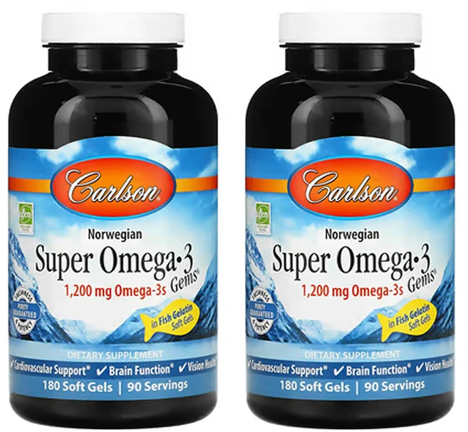 칼슨랩스 2개X Norwegian 슈퍼 오메가3 Gems 1200mg 소프트젤 180정(소프트젤 1정당 600mg), 2개, 180정 - 쿠팡