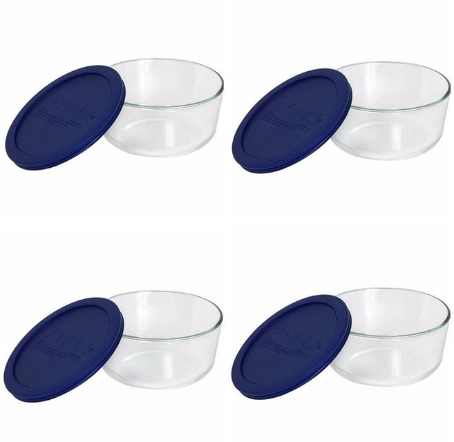 Pyrex 7203 7컵 유리 식품 보관 용기 블루 BPA 프리 뚜껑 내구성 및 전자레인지 안전 유리 식사 준비 남은 음식 보관에 적합 (4팩) - 미국 제조, Pyrex 7203 7컵 유리 식품 보관 용기, 블루