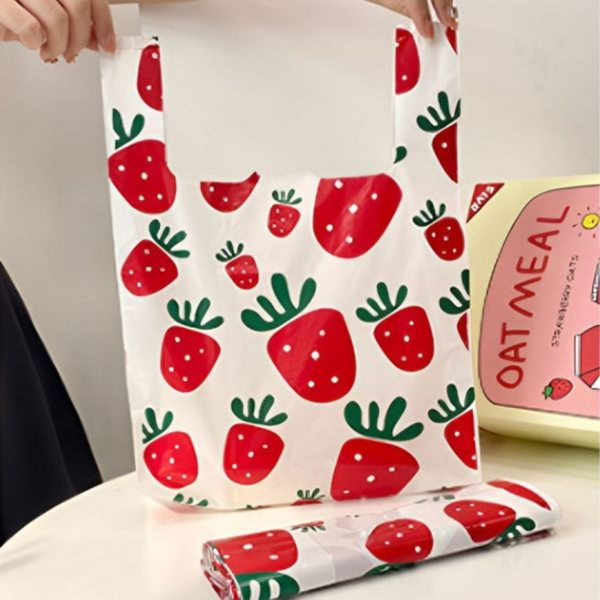 딸기 일러스트 쇼핑백 손잡이형 비닐 장바구니 재사용 마켓백 데일리 에코백 프루트, 1개, S