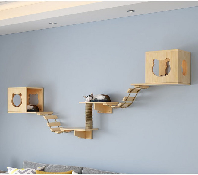 메이리 디럭스 원목 벽걸이 고양이 집 고양이 벽걸이 플랫폼 널뛰기 나무 하우스 고양이 가구, 1개