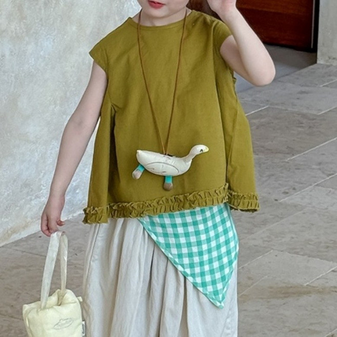 구빠방 여아 백트임 버튼 프릴 캡소매 티셔츠