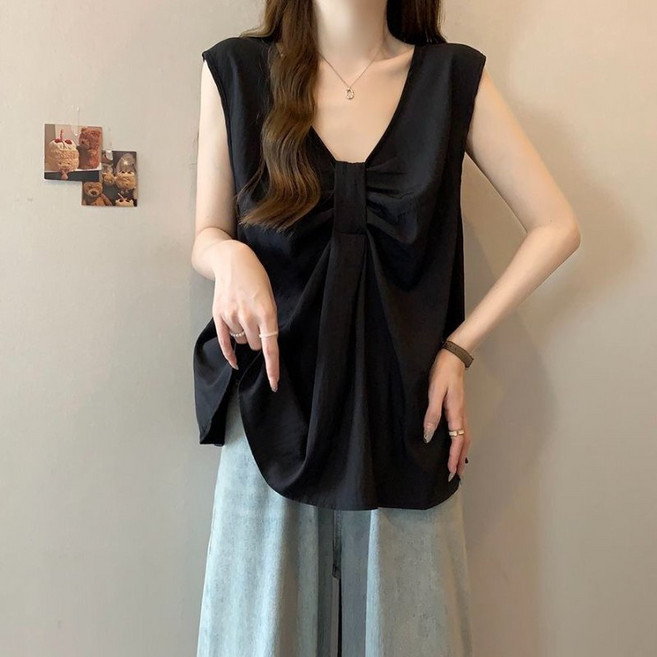 COSYEVNO 여성 민소매 나시 셔링 루즈핏 여름 쉬폰 블라우스