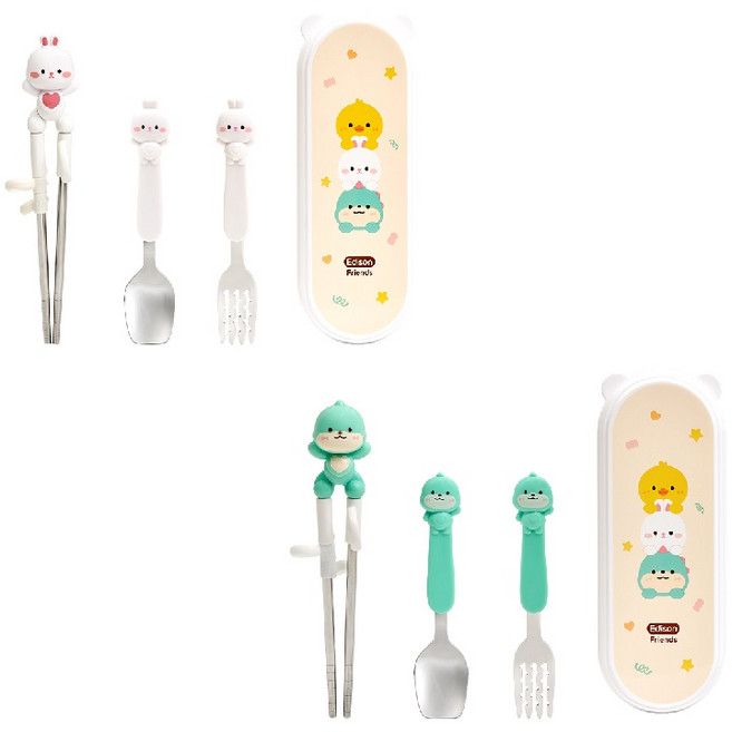 에디슨 프렌즈 4종 케이스 세트 1+1, 1세트, 스푼,젓가락,포크,케이스, 토끼 EF2322+공룡 EF2346