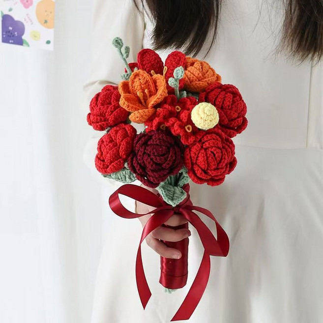 手工編織新娘手捧花, 手捧花束紅色系 成品, 1個