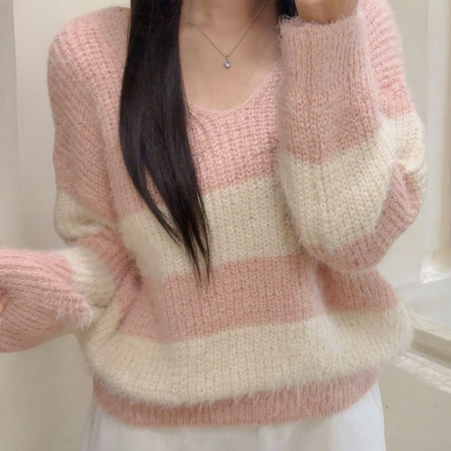 가영 스트라이프 루즈핏 브이넥 여성 니트 스웨터 봄 간절기