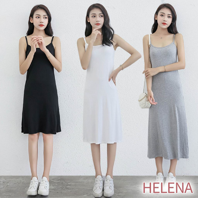 HELENA 莫代爾無袖吊帶裙 素色顯瘦百搭長裙, 黑色【中長】,XL