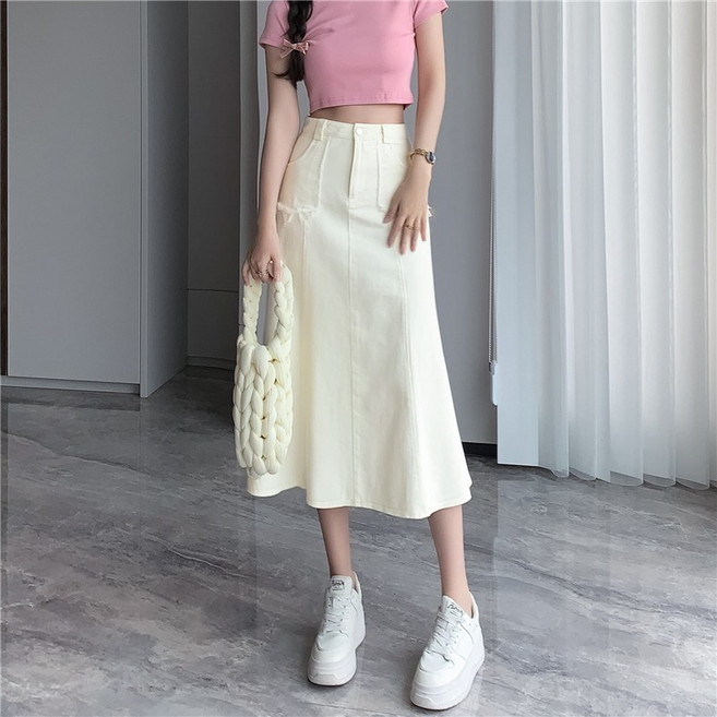 이유무무 NQ-149 데님 하이웨스트 빈티지 A라인 롱 스커트