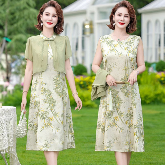 어머니 원피스 투피스 2024 여름 새 스커트 중년 여성의 여름 세트