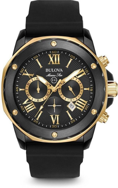 Bulova 남성 Marine Star Series A 블랙·로즈골드 이온 플레이트 스테인리스 스틸 6핸드 크로노그래프 쿼츠 시계 블랙 실리콘 스트랩 98B278
