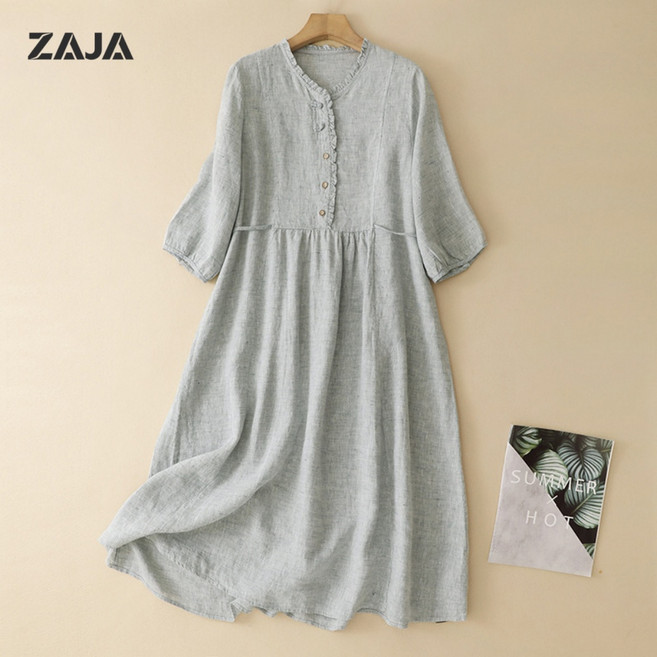 ZAJA 여성 봄 가을 7부 면마 캐주얼 롱 원피스