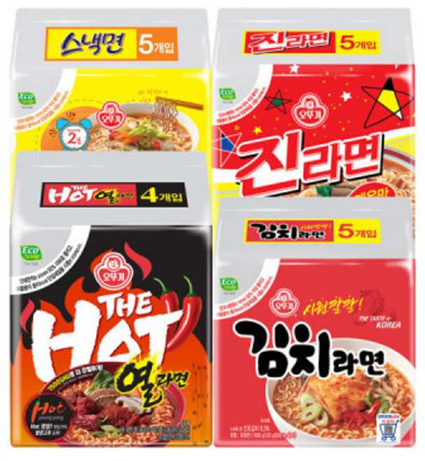 더핫열라면 120G 4개 + 오뚜기 진라면 매운맛 120g 5개 + 오뚜기 스낵면108g 5 + 오뚜기 김치라면 120g 5개, 더핫열라면 120G 4개 + 오뚜기 진라면 매운맛 12