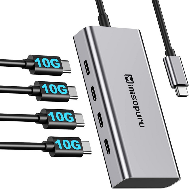 Minisopuru HUB USB C 허브 10Gbps 4 포트 USB 유형 C-USB 3.2 PD 100W 어댑터 Macbook Pro iMac PC 액세서리 USB 허브, 은, 1개