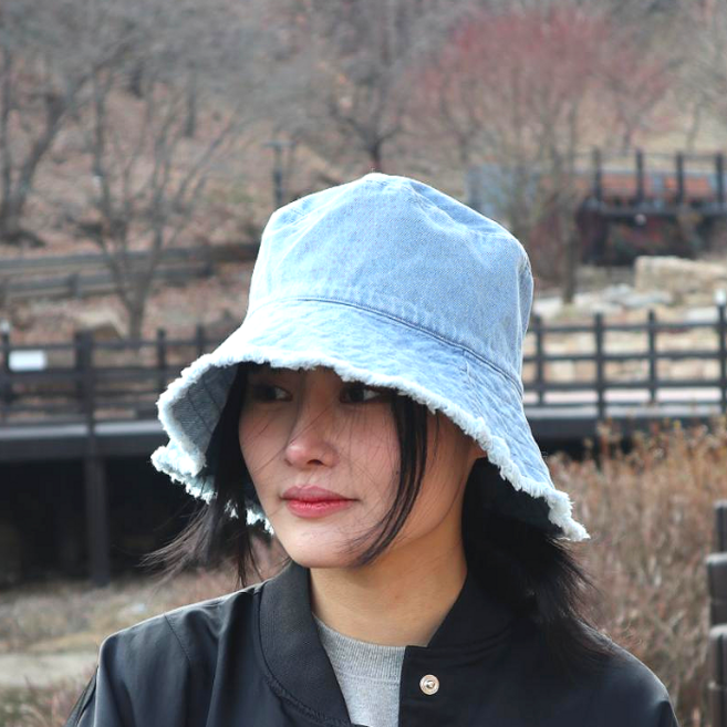 자하블 여성 챙넓은 와이드 버킷햇 데일리 캠핑 나들이 여행 청 데님 워싱 벙거지모자