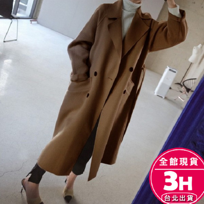 梨卡 雙排釦長版毛呢大衣 女款秋冬保暖外套 米白色
