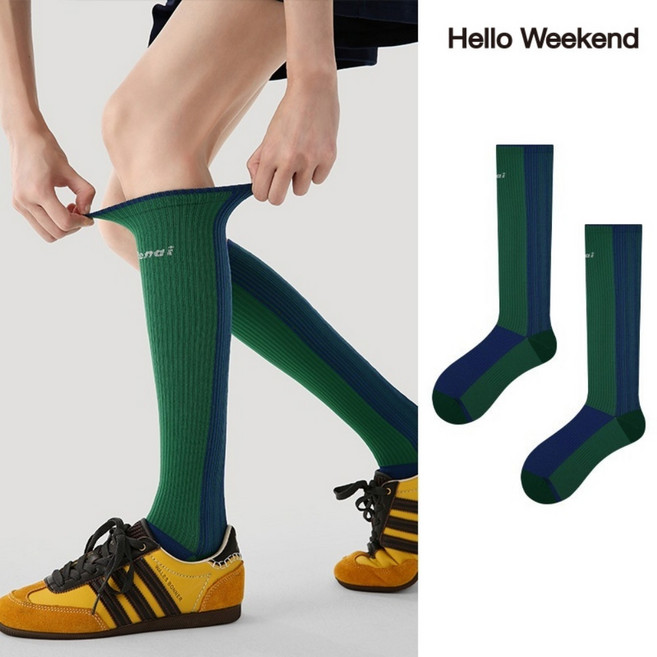Hello Weekend 여성 양말 미끄럼 방지 봄여름 니삭스 패션 슬림 롱 양말 압박 중목 양말 반장 양말 배색 장목 양말 운동 다리 보온대 필라테스 1족 세트