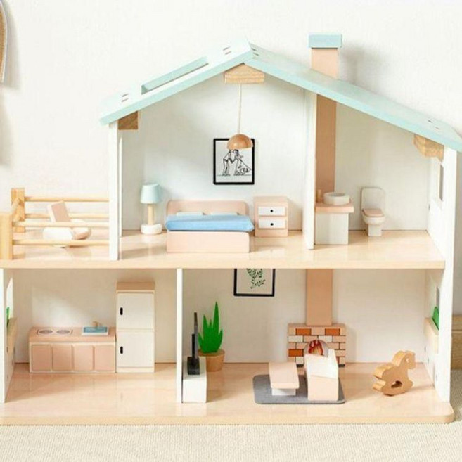 원목 인형의 우드 역할놀이 하우스 놀이 집 미니어처 주방, 파란색 3층 인형의 집 (81cm)