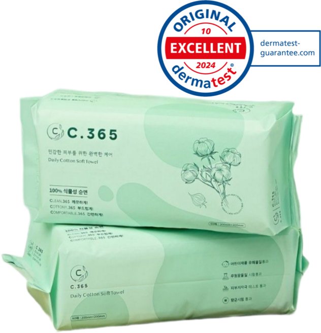 C.365 일회용 페이스타올 순면 100% 독일Dermatest 무형광 유아동안전 항균, 6개, 60개입