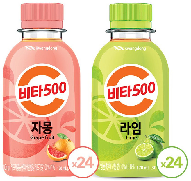 [광동직영] 광동 비타500 라임 170ml 24pet + 자몽 170ml 24pet 총 48pet, 48개입