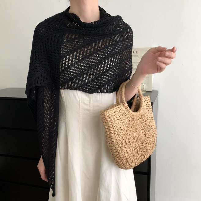 HALOPICK 여성 면마 레이어드 삼각오버핏 니트 짜임 어깨 롱숄 머플러