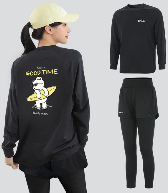 여자 루즈핏 긴팔 래쉬가드 상의 + 반바지 레깅스 하의 팬츠 세트 비치웨어 체형커버 자외선차단 휴양지 바캉스룩