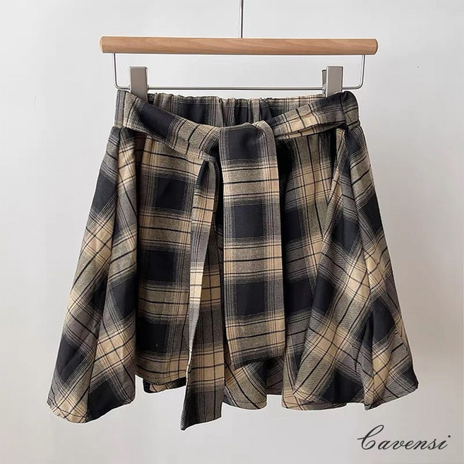 Cavensi 襯衫式綁帶 高腰復古格紋半身裙女 短裙