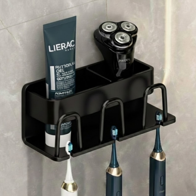 홈플로우 접착식 무타공 칫솔 거치대, 블랙, 1개