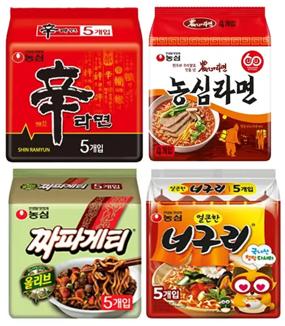 농심 농심라면 124g 4입 1개 + 신라면 120g+얼큰한 너구리 120g+짜파게티 120g 각 5개 (총 19개), 농심 농심라면 124g, 4입 1개 + 신라면 120g
