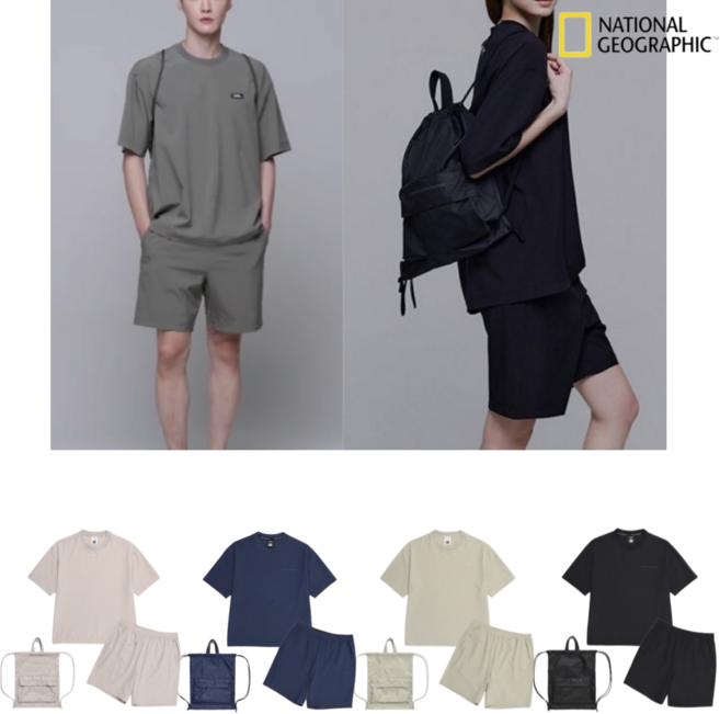 국내매장판 내셔널지오그래픽 여름 상하의 남여공용 반팔 반바지 우븐 한벌 세트