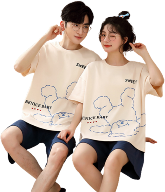 HAENGBUK 여름 커플 파자마 만화 귀여운 상하 세트
