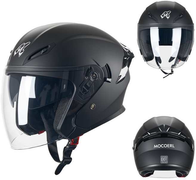 MOCOERL 오토바이 헬멧 초경량 오픈페이스 투명실드 안전모 통풍 무광블랙, 블랙