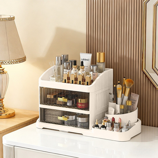 신형 고급 다용도 360도 회전 서랍형 대용량 화장품 정리함 + 브러쉬 보관함, 1개, 화이트