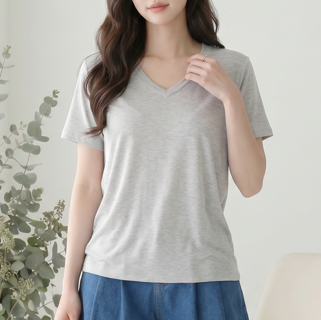 스타일아유 여성 비스코사(모달)95% 브이넥 슬림핏 무지 반팔티셔츠 부드러운 착용감 몸매보정 데일리 이너 여름 베이직 반소매 TS4014