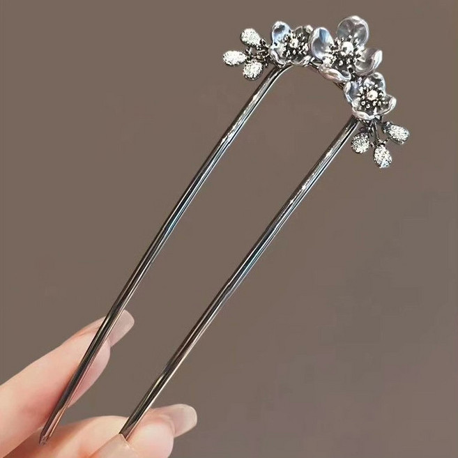 新中式 珍珠 花朵 U型髮簪 琉璃 插梳