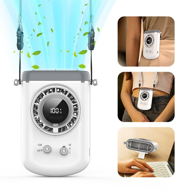 CCAGU 휴대용 목걸이 선풍기 usb 충전식 미니 탁상용 선풍기 2400mAh, 화이트