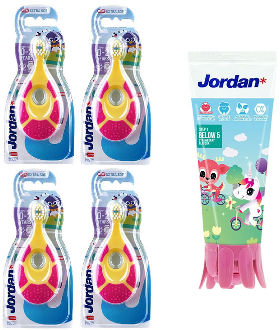 돌아기 칫솔 조르단 두돌 유아 6개월 1단계 4개+1000ppm불소 치약 1개 세트, 1단계 칫솔 4개(색상랜덤), 1단계 치약 2개(색상랜덤)