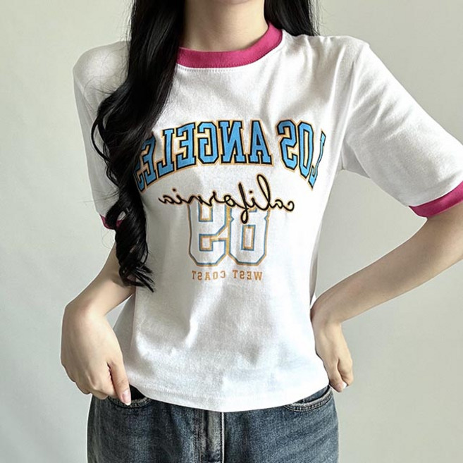 [고퀄후라이스] 캘리포니아 링거 세미 크롭티 후라이스 배색 레터링 프린팅 반팔 티셔츠 데일리룩 꾸안꾸