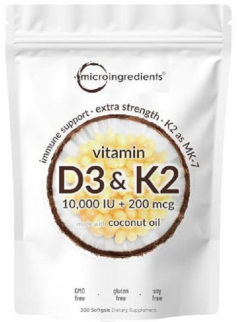 Micro Ingredients 비타민 D3 5000 IU K2 함유 100 mcg 300 소프트젤, 10/000 IU Coconut Oil Softgels, 10 000 IU, 300정