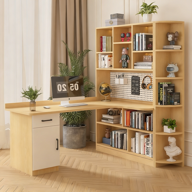 심플 수납 L형 코너책상 중학생 책상 고등학생 책상 서재책상 책상세트, 원목색(오른쪽)+코너장