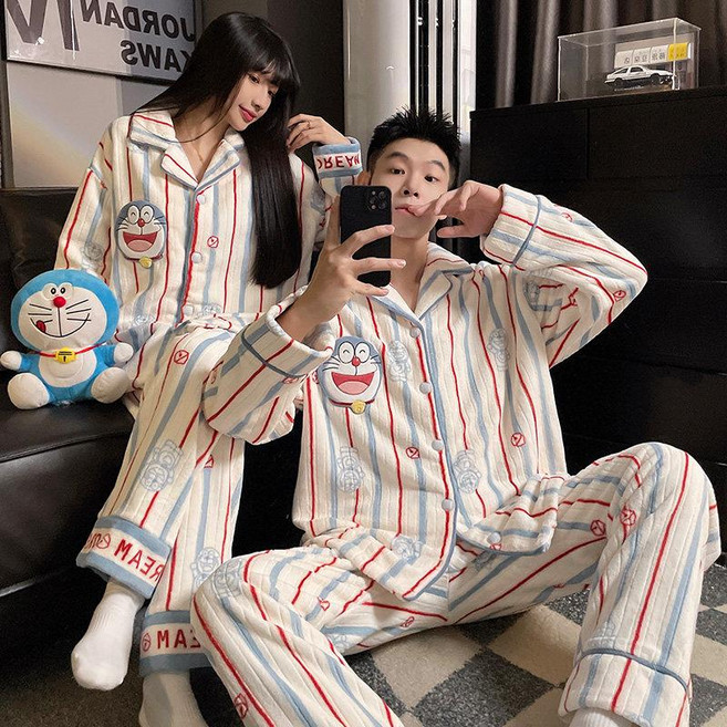 커플 극세사 잠옷 세트 겨울 가을 남녀공용 두꺼운 보온 홈웨어