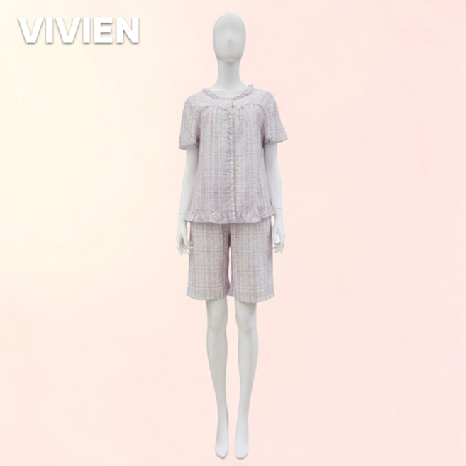비비안 여성 핑크체크 프릴파자마세트 반팔 반바지 여름잠옷 세련된 레이스디테일 85~95
