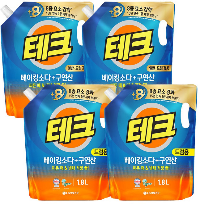 테크 베이킹소다+구연산 액체세제 일반드럼 겸용 리필 1.8L x 2개 + 드럼 1.8L x 2개, 4개