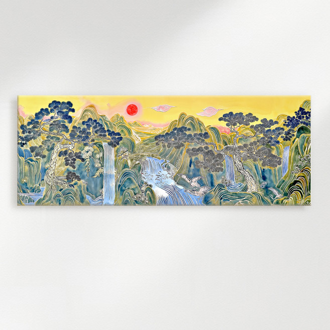 [인메이블] 돈들어오는 다복 황금 산수화 일월오봉도 십장생도 와이드 2종 그림 캔버스액자 풍수 인테리어 거실 사무실 벽 거실 현관 복도, 02.SJS-금운재물