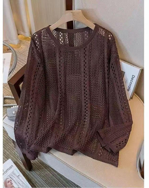 鏤空網紗罩衫 女春季大碼外搭上衣 咖啡色, 咖啡色,Xl 60.0-65.0公斤
