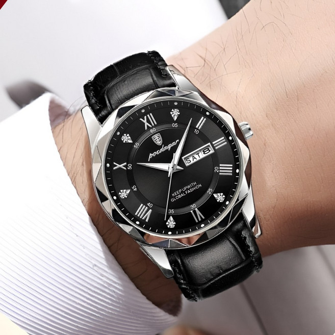 포스워백 남자 가죽 손목 시계 야광 방수 오토 캘린더 패션 시계