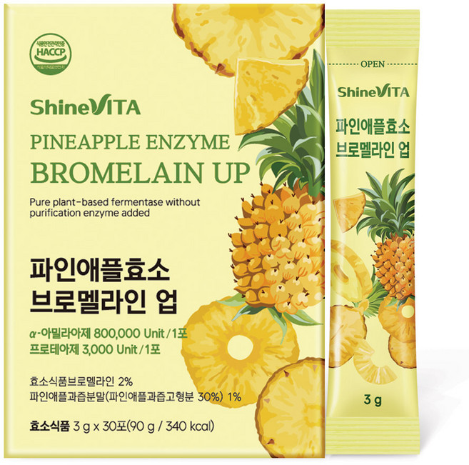 샤인비타 80만 고역가 파인애플 효소 브로멜라인 업 탄수화물 단백질 분해효소 30포, 1개, 90g