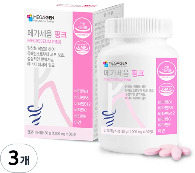 메가세움 핑크 면역기능 멀티비타민 종합영양제 항산화작용, 3개, 30정 - 쿠팡