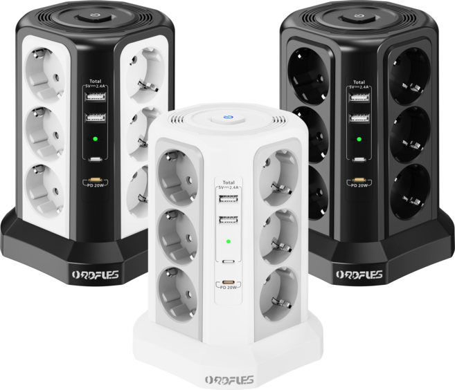 ORDFLES 타워형 멀티탭 12구 PD20W 4USB포트 고용량 3520W 과부하차단 KC인증 USB 멀티탭, 1개, 화이트, 3m